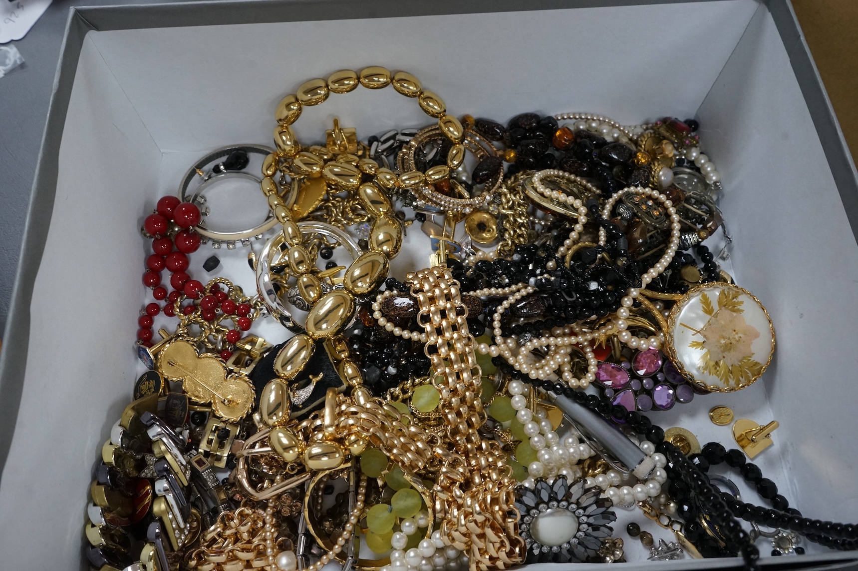 A quantity of assorted recent costume jewellery and two silver handled button hooks.
